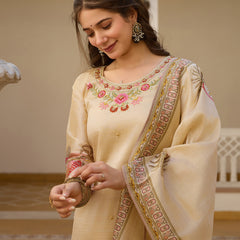 Women’s Viscose Assam Silk Embroidered Kurta With Bottom & Printed Assam Silk Dupatta Set