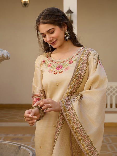 Women’s Viscose Assam Silk Embroidered Kurta With Bottom & Printed Assam Silk Dupatta Set