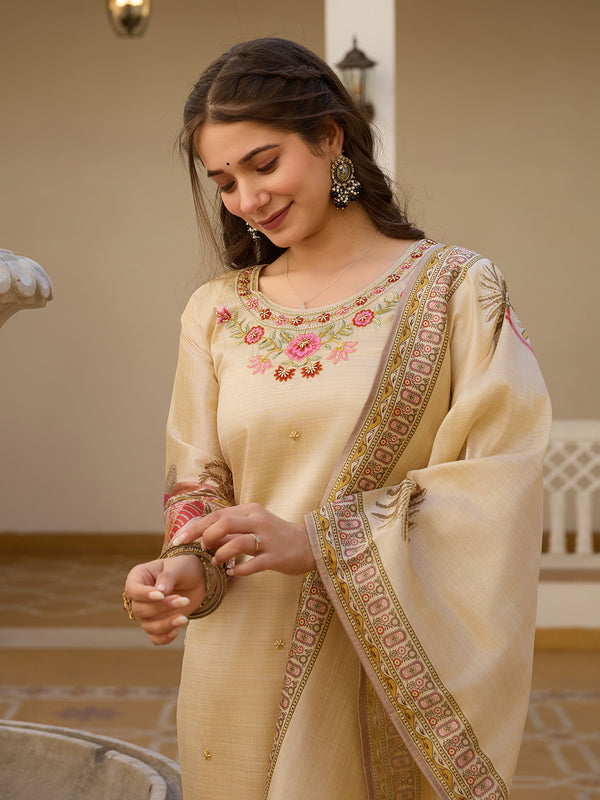 Women’s Viscose Assam Silk Embroidered Kurta With Bottom & Printed Assam Silk Dupatta Set