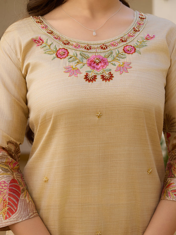 Women’s Viscose Assam Silk Embroidered Kurta With Bottom & Printed Assam Silk Dupatta Set