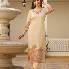 Women’s Viscose Assam Silk Embroidered Kurta With Bottom & Printed Assam Silk Dupatta Set