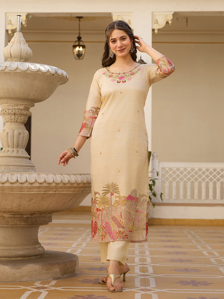 Women’s Viscose Assam Silk Embroidered Kurta With Bottom & Printed Assam Silk Dupatta Set