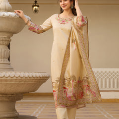 Women’s Viscose Assam Silk Embroidered Kurta With Bottom & Printed Assam Silk Dupatta Set