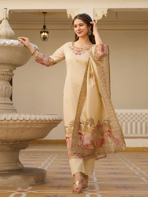 Women’s Viscose Assam Silk Embroidered Kurta With Bottom & Printed Assam Silk Dupatta Set