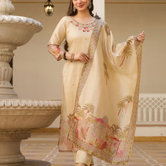 Women’s Viscose Assam Silk Embroidered Kurta With Bottom & Printed Assam Silk Dupatta Set
