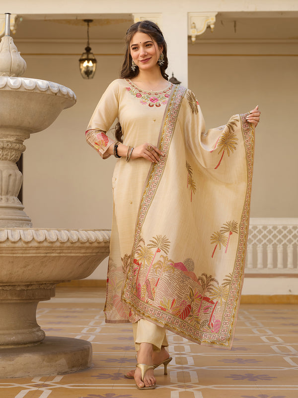 Women’s Viscose Assam Silk Embroidered Kurta With Bottom & Printed Assam Silk Dupatta Set