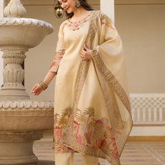 Women’s Viscose Assam Silk Embroidered Kurta With Bottom & Printed Assam Silk Dupatta Set