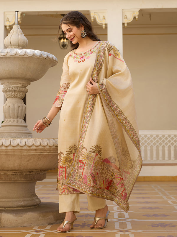 Women’s Viscose Assam Silk Embroidered Kurta With Bottom & Printed Assam Silk Dupatta Set
