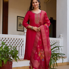 Women's Viscose Chanderi Embroidered Beads Kurta with Bottom & Tabby Organza Dupatta Set