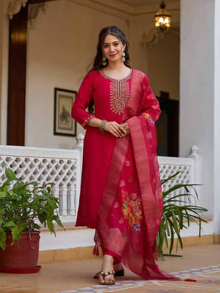 Women's Viscose Chanderi Embroidered Beads Kurta with Bottom & Tabby Organza Dupatta Set