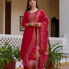 Women's Viscose Chanderi Embroidered Beads Kurta with Bottom & Tabby Organza Dupatta Set