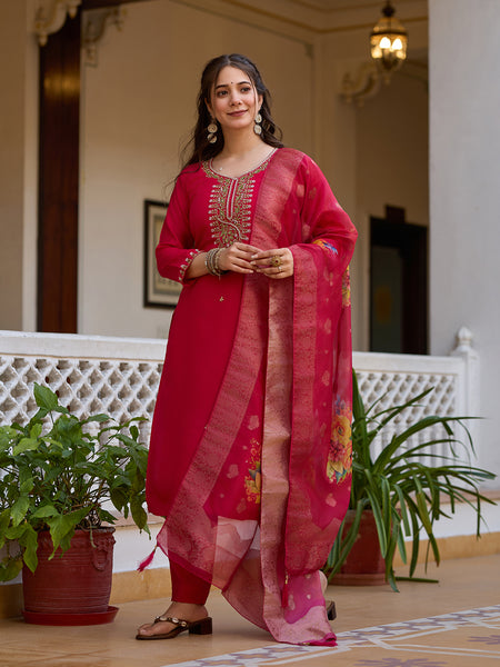 Women's Viscose Chanderi Embroidered Beads Kurta with Bottom & Tabby Organza Dupatta Set