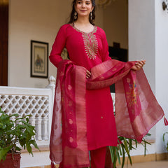Women's Viscose Chanderi Embroidered Beads Kurta with Bottom & Tabby Organza Dupatta Set
