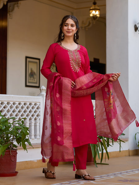 Women's Viscose Chanderi Embroidered Beads Kurta with Bottom & Tabby Organza Dupatta Set