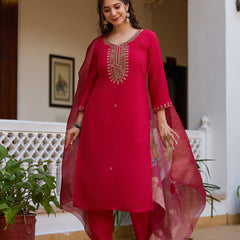 Women's Viscose Chanderi Embroidered Beads Kurta with Bottom & Tabby Organza Dupatta Set