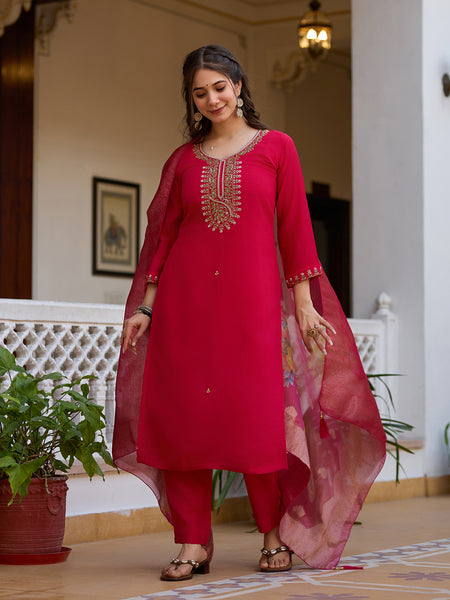 Women's Viscose Chanderi Embroidered Beads Kurta with Bottom & Tabby Organza Dupatta Set