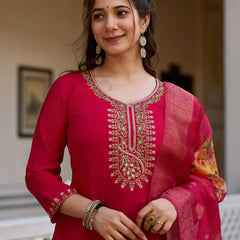 Women's Viscose Chanderi Embroidered Beads Kurta with Bottom & Tabby Organza Dupatta Set