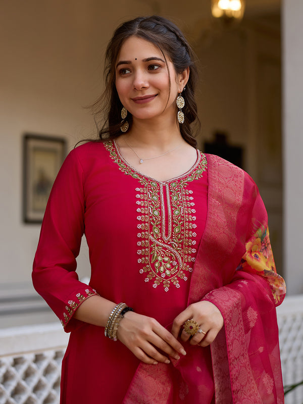 Women's Viscose Chanderi Embroidered Beads Kurta with Bottom & Tabby Organza Dupatta Set