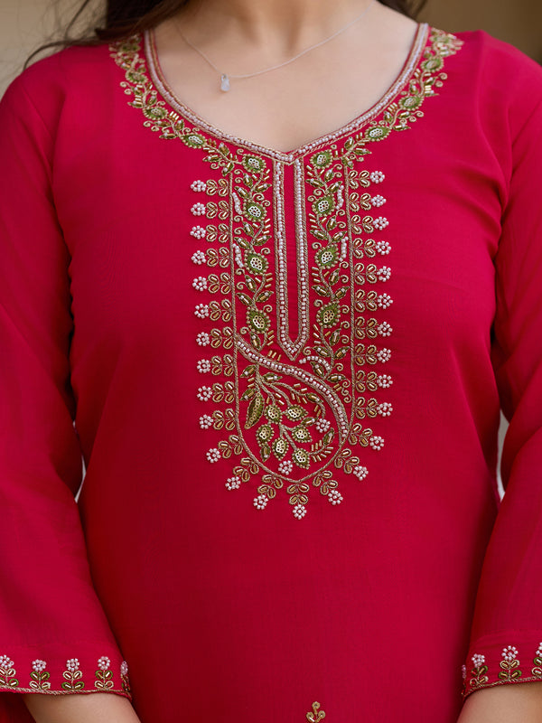 Women's Viscose Chanderi Embroidered Beads Kurta with Bottom & Tabby Organza Dupatta Set