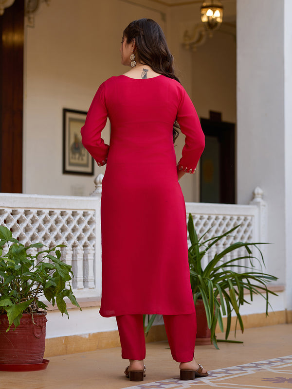 Women's Viscose Chanderi Embroidered Beads Kurta with Bottom & Tabby Organza Dupatta Set