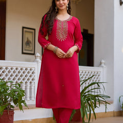 Women's Viscose Chanderi Embroidered Beads Kurta with Bottom & Tabby Organza Dupatta Set