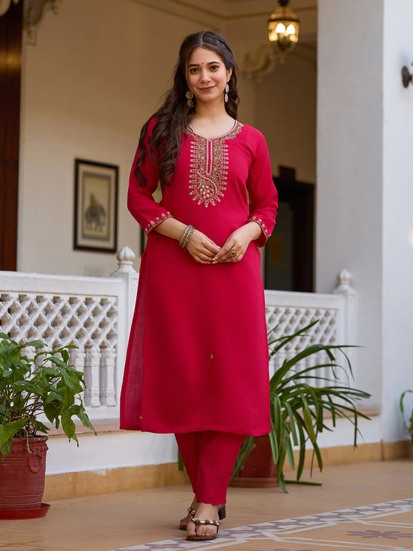 Women's Viscose Chanderi Embroidered Beads Kurta with Bottom & Tabby Organza Dupatta Set