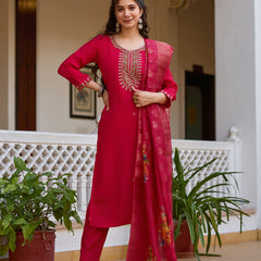 Women's Viscose Chanderi Embroidered Beads Kurta with Bottom & Tabby Organza Dupatta Set