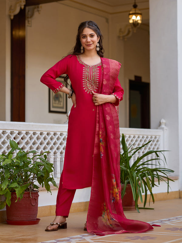 Women's Viscose Chanderi Embroidered Beads Kurta with Bottom & Tabby Organza Dupatta Set