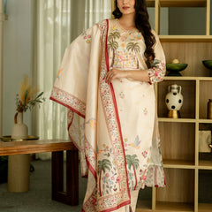 Women's Viscose Assam Silk Embroidered Beads Kurta with Bottom & Assam Silk Dupatta Set