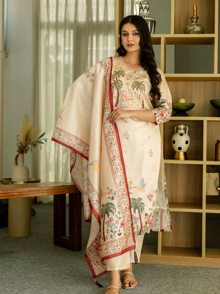 Women's Viscose Assam Silk Embroidered Beads Kurta with Bottom & Assam Silk Dupatta Set