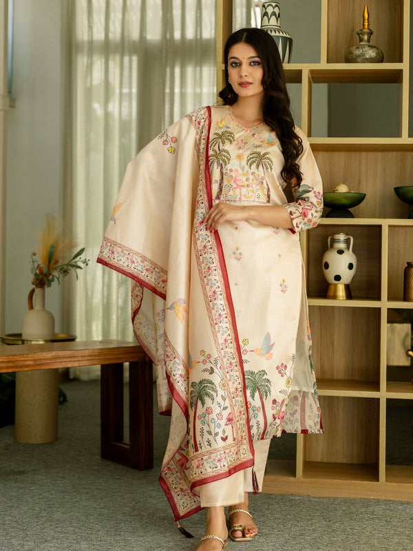 Women's Viscose Assam Silk Embroidered Beads Kurta with Bottom & Assam Silk Dupatta Set