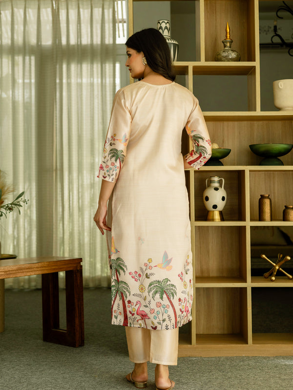 Women's Viscose Assam Silk Embroidered Beads Kurta with Bottom & Assam Silk Dupatta Set