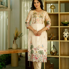 Women's Viscose Assam Silk Embroidered Beads Kurta with Bottom & Assam Silk Dupatta Set