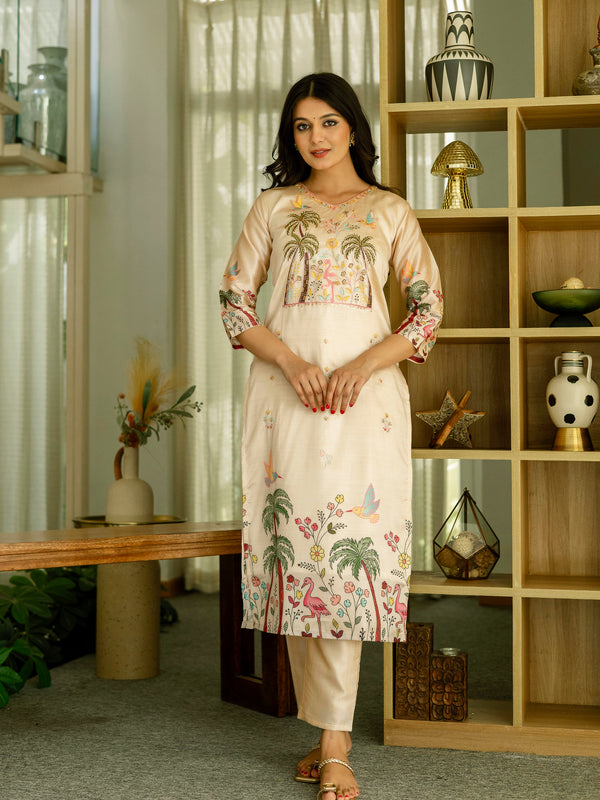 Women's Viscose Assam Silk Embroidered Beads Kurta with Bottom & Assam Silk Dupatta Set