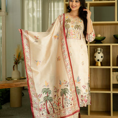 Women's Viscose Assam Silk Embroidered Beads Kurta with Bottom & Assam Silk Dupatta Set