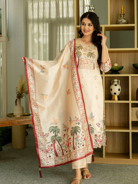 Women's Viscose Assam Silk Embroidered Beads Kurta with Bottom & Assam Silk Dupatta Set