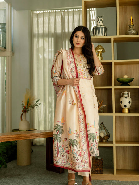 Women's Viscose Assam Silk Embroidered Beads Kurta with Bottom & Assam Silk Dupatta Set