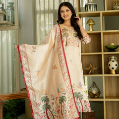 Women's Viscose Assam Silk Embroidered Beads Kurta with Bottom & Assam Silk Dupatta Set