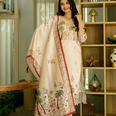 Women's Viscose Assam Silk Embroidered Beads Kurta with Bottom & Assam Silk Dupatta Set