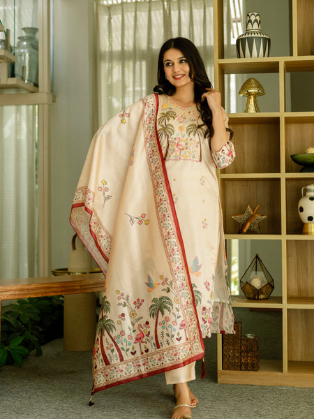 Women's Viscose Assam Silk Embroidered Beads Kurta with Bottom & Assam Silk Dupatta Set