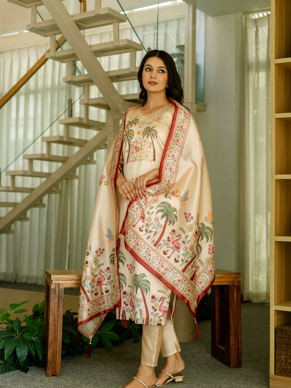 Women's Viscose Assam Silk Embroidered Beads Kurta with Bottom & Assam Silk Dupatta Set