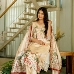 Women's Viscose Assam Silk Embroidered Beads Kurta with Bottom & Assam Silk Dupatta Set