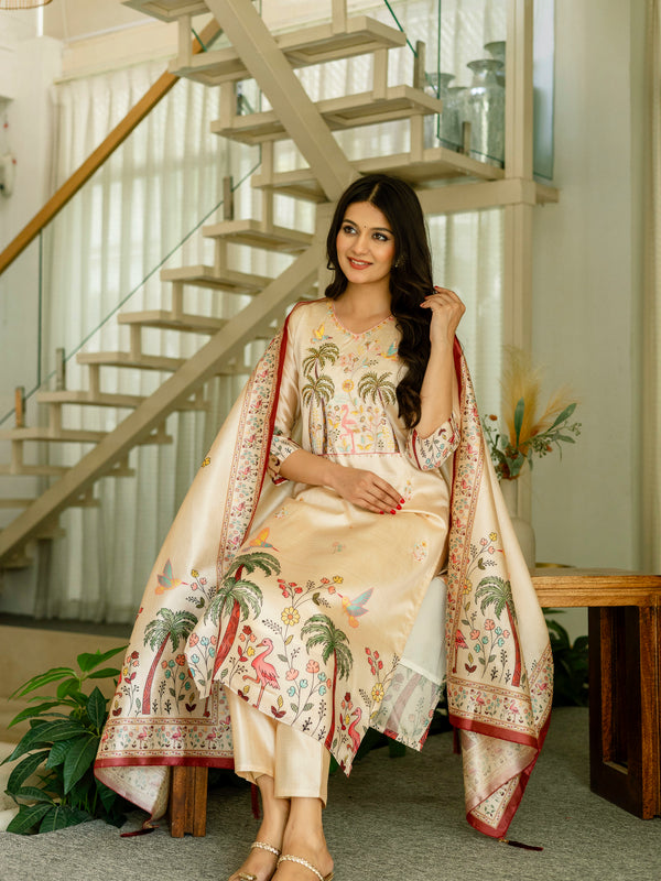 Women's Viscose Assam Silk Embroidered Beads Kurta with Bottom & Assam Silk Dupatta Set