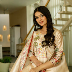 Women's Viscose Assam Silk Embroidered Beads Kurta with Bottom & Assam Silk Dupatta Set