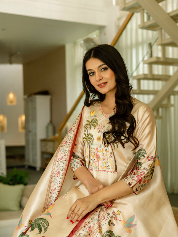 Women's Viscose Assam Silk Embroidered Beads Kurta with Bottom & Assam Silk Dupatta Set