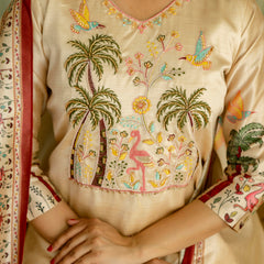 Women's Viscose Assam Silk Embroidered Beads Kurta with Bottom & Assam Silk Dupatta Set