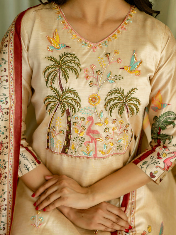 Women's Viscose Assam Silk Embroidered Beads Kurta with Bottom & Assam Silk Dupatta Set