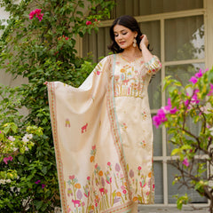 Women's Viscose Assam Silk Embroidered Beads Kurta with Bottom & Assam Silk Dupatta Set