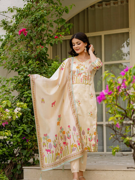 Women's Viscose Assam Silk Embroidered Beads Kurta with Bottom & Assam Silk Dupatta Set