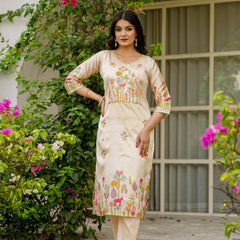 Women's Viscose Assam Silk Embroidered Beads Kurta with Bottom & Assam Silk Dupatta Set